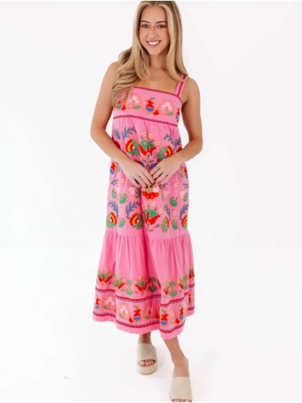 J.Marie Embroidered Pink Sundress Boho Floral Midi Dress Size L